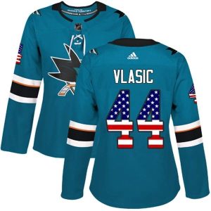 Damen San Jose Sharks Trikot Marc-Edouard Vlasic 44 Teal USA Flag Fashion Authentic